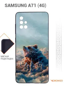 Чехол для Samsung Galaxy A71 (A715) с рисунком, с защитой камеры, с мягкой подкладкой из микрофибры, противоударный, черный с принтом МЕДВЕДЬ РФ / Самсунг Галакси А71