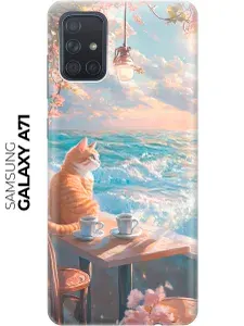 Силиконовый чехол на Samsung Galaxy A71 с принтом "Котик, кофе, море"