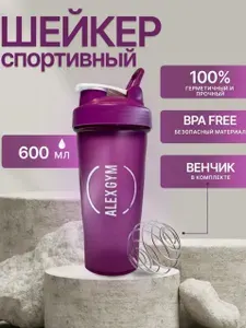Шейкер спортивный для протеина воды и коктейлей с пружинкой-венчиком ALEXGYM 600МЛ