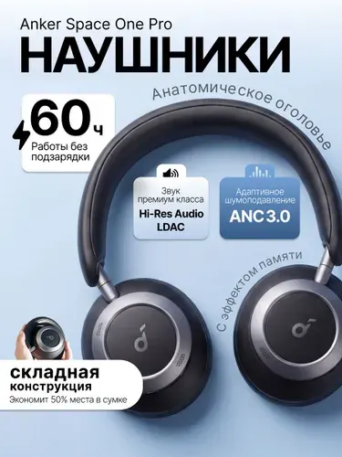Наушники беспроводные накладные Anker Soundcore Space One Pro, с шумоподавлением, Bluetooth, черные