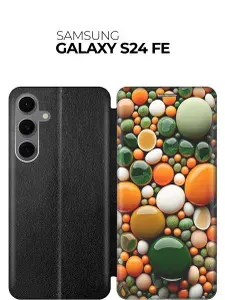 Чехол-книжка на Samsung Galaxy S24 FE с принтом "Оранжевые и зеленые камушки" черный