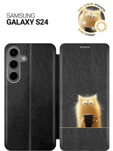 Чехол-книжка на Samsung Galaxy S24 с принтом "Котик с кружкой" черный