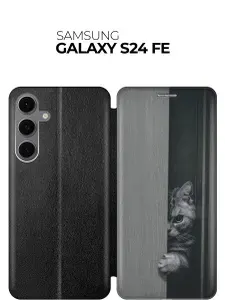 Чехол-книжка на Samsung Galaxy S24 FE с принтом "Подглядывающий котик" черный