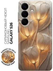 Силиконовый чехол на Samsung Galaxy S26 с принтом "Тюльпаны на бежевой стене"