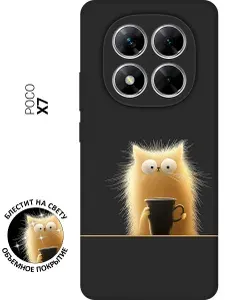 Силиконовый чехол на Poco X7 с принтом "Котик с кружкой" матовый черный