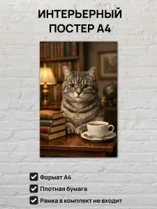 Интерьерный постер А4 Кот в очках и книги