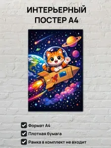 Интерьерный постер А4 Кот в космосе