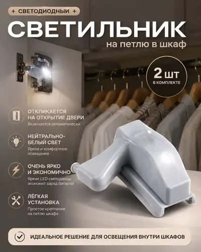 Мебельная светодиодная подсветка 2 шт в шкаф на петлю, автоматическая