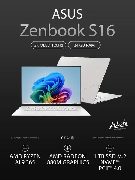 Ноутбук ASUS Zenbook S16 UM5606WA-S16. R3651TB (AMD Ryzen AI 9 365 2GHz/16"/OLED/2880x1800/24GB/1TB SSD/Radeon 880M/W11)