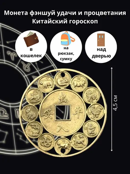 Фен шуй монета удачи и процветания Китайский гороскоп