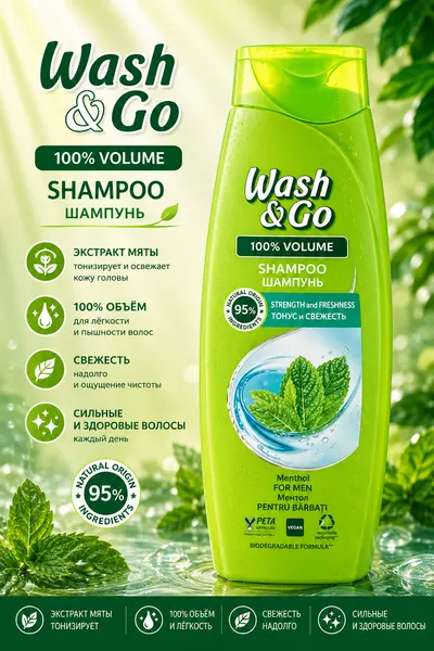 Шампунь Wash & Go, с ментолом, универсальный, мужской, 360мл