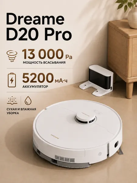 Робот-пылесос Dreame D20 Pro, сухая и влажная уборка, 13 кПа, белый