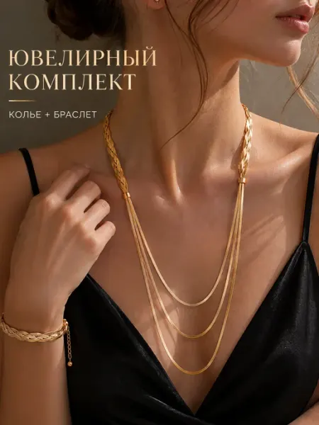 Колье многослойное на шею золотистое с браслетом