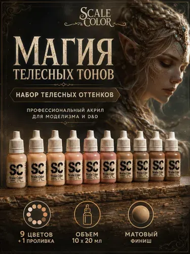 Scale Color Большой набор акриловых красок телесных оттенков, для моделистов, моделей, фигурок, миниатюр и ДнД (D&D), оттенок бежевый, кофейный, серый, розовый