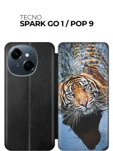 Чехол-книжка на Tecno Spark Go 1 / Pop 9 с принтом "Тигр купается" черный