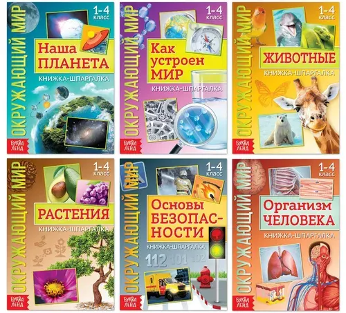 Набор книжек-шпаргалок "Мир природы и человека" для детей 1-2 кл., конспект с правилами, окружающий мир, 6 книг