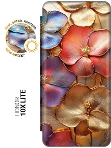 Чехол-книжка на Honor 10X Lite с принтом "Позолоченные цветы" золотой