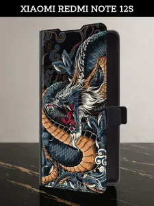 Чехол-книжка на Xiaomi Redmi Note 12S (Сяоми Редми Нот 12S) с картой и принтом "Japanese Dragon"