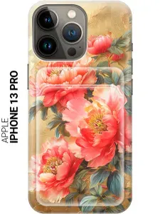 Силиконовый чехол на Apple iPhone 13 Pro с принтом "Винтажные пионы" с карманом для карты