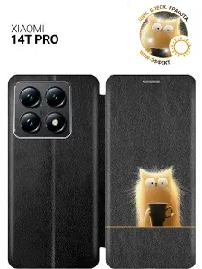 Чехол-книжка на Xiaomi 14T Pro с принтом "Котик с кружкой" черный