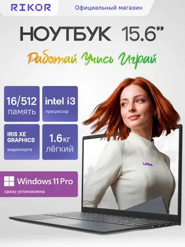 Rikor PRO 3 Ноутбук 15.6", RAM 16 ГБ, SSD 512 ГБ, Windows Home, черный, Русская раскладка