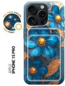 Силиконовый чехол на Apple iPhone 15 Pro с принтом "Синие цветы, золотые листья" с карманом для карты