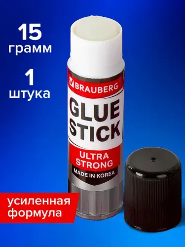 Клей-карандаш Brauberg Ultra Strong 15 грамм, Усиленная Формула, PVP (ПВП) основа, производство Южная Корея, для школы, офиса, творчества