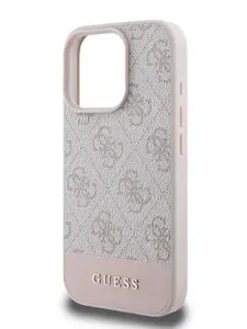 Чехол Guess PU на Apple iPhone 16 Pro Max с защитой камеры, из экокожи и силикона и металлическим лого, с принтом 4G Bottom stripe, розовый