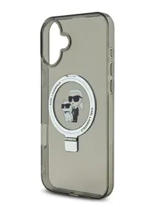 Чехол Karl Lagerfeld PC/TPU Ring stand MagSafe на Apple iPhone 16 с защитой камеры, с функцией подставки, с функцией Магсейф, с принтом NFT Karl & Choupette, черный