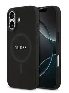 Чехол Guess на iPhone 17, Saffiano MagSafe, из сафьяновой экокожи, с металлическим логотипом Classic, черный