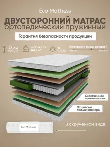 Ортопедический пружинный двуспальный матрас Eco Mattress GSk 190х190 см, ппу, с кокосом, средняя жесткость, в рулоне