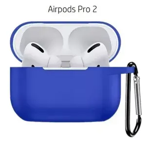 Чехол силиконовый с карабином на наушники AirPods Pro 2 синий, "беспр. зарядка", "индикатор", противоскользящий пыле-влаго-ударостойкий гипоаллергенный футляр, кейс Аирподс Про, карабин