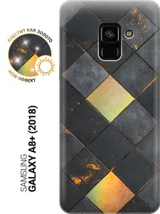 Силиконовый чехол на Samsung Galaxy A8+ (2018) с принтом "Черно-золотая плитка" прозрачный