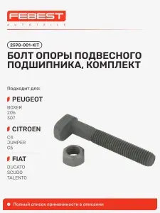 Болт опоры подвесного подшипника, комплект Peugeot Пежо 206+, Citroen Ситроен Berlingo, C4 Picasso, Peugeot 508, FIAT Фиат Ducato Дукато, Peugeot 306, Citroen SAXO, BX, AX 2598-001-KIT