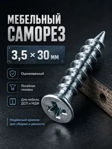 Саморез, шуруп мебельный, оцинкованный универсальный, 3,5*30 мм., 100 шт.