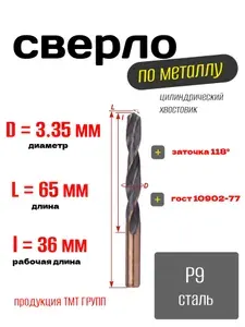 Сверло по металлу, цилиндрический хвостовик, ц/х, 3.35 Р9 ТМ*