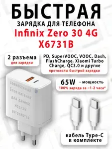 Зарядное устройство для телефона Infinix Zero 30 4G X6731B - (быстрая мощная зарядка 65 ватт 65w type-c тайпси)