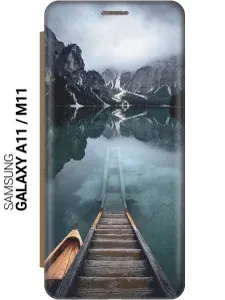 Чехол-книжка на Samsung Galaxy A11 / M11 / Самсунг А11 / М11 с 3D принтом "Горы, озеро, облака" золотой