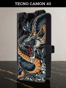 Чехол-книжка на Tecno Camon 40 (Текно Камон 40) с картой и принтом "Japanese Dragon"