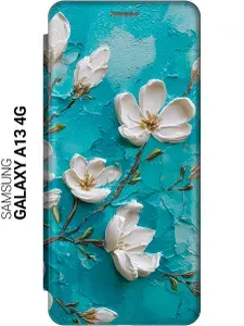 Чехол-книжка на Samsung Galaxy A13 4G с принтом "Магнолии в небесной глубине" золотой