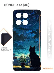 Чехол для Honor X7c 4G с рисунком, с защитой камеры, с мягкой подкладкой из микрофибры, противоударный, черный с принтом КОТ ЗВЁЗДЫ / Хонор Х7с