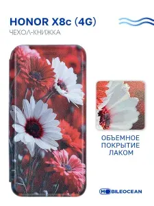 Чехол на Honor X8c 4G с рисунком, противоударный, с магнитом, черный с принтом КРАСНЫЕ ЦВЕТЫ, с покрытием лак / Хонор Х8c