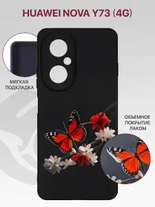 Чехол на Huawei Nova Y73 4G с защитой камеры, с внутренней подкладкой из микрофибры, черный с принтом БАБОЧКИ, лаковое покрытие / Хуавей Нова Y73