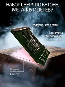 Набор сверл 9 шт 5/6/8 мм Сверла по дереву, металлу и бетону Универсальный комплект для дрели Спиральные, HSS ЕРМАК