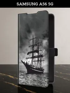 Чехол-книжка на Samsung A56 5G (Самсунг А56 5G) с картой и принтом "Корабль в пасмурном море"