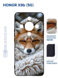 Чехол для Honor X9b 5G с защитой камеры, с внутренней подкладкой из микрофибры, черный с принтом ЛИСА ОЧКИ, лаковое покрытие / Хонор Х9b
