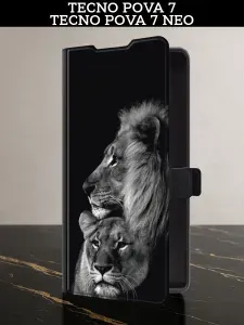 Чехол-книжка на Tecno Pova 7 / 7 Neo (Текно Пова 7 / 7 Нео) с картой и принтом "Львиная пара"