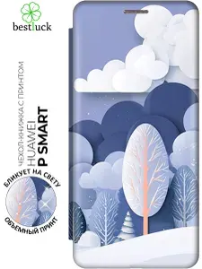 Чехол-книжка на Huawei P Smart / Enjoy 7S с принтом "Фиолетовые сны зимы" золотой