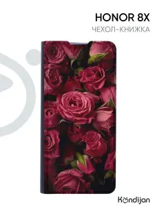 Чехол для Honor 8X с рисунком, защитный, противоударный, с магнитом, черный с принтом КРАСНЫЕ РОЗЫ / Хонор 8Х