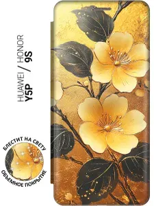 Чехол-книжка на Honor 9S / Huawei Y5P с принтом "Цветы и золото" золотой